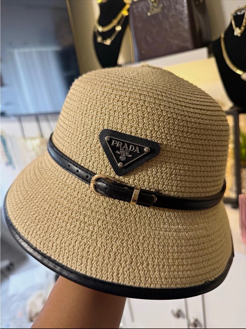 Prada Natural Straw Bucket Hat with Black Leather Trim and Logo